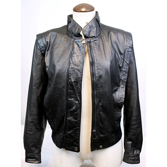 Vtg 80s Bert Paley Designer Collection Woman S Black Leather Jacket High Collar - Picture 1 of 9